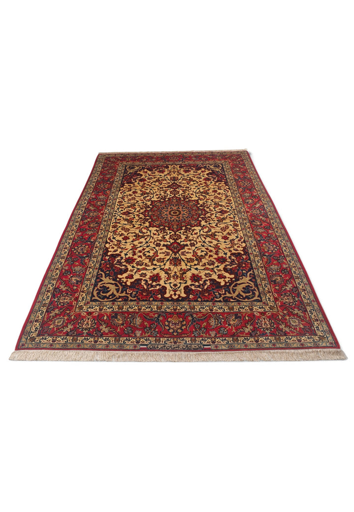 Gold and Red Medallion Sirafian Isfahan, Hand-Knotted Wool Rug