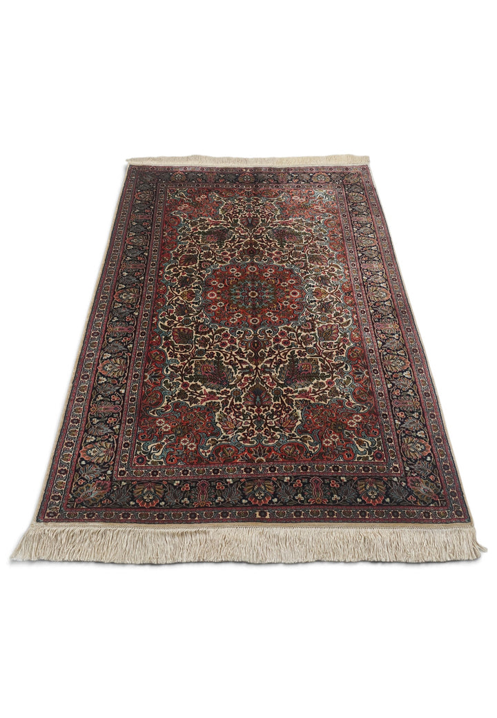 Ivory and Navy Shah Abbasi Floral Medallion, Hand-Knotted Silk Rug