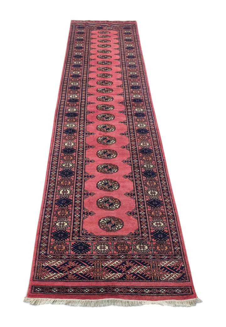 Rose and Navy Single Column Gül Bokhara, Hand-Knotted Wool Rug