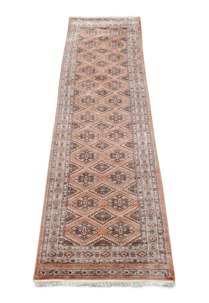 Salmon and Mauve Jaldar Alternating Lattice, Hand-Knotted Wool Rug