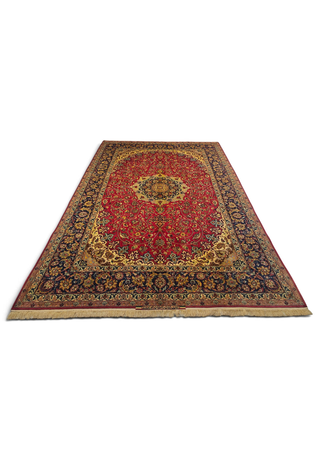 Crimson and Gold Medallion Sirafian Isfahan, Hand-Knotted Wool Rug
