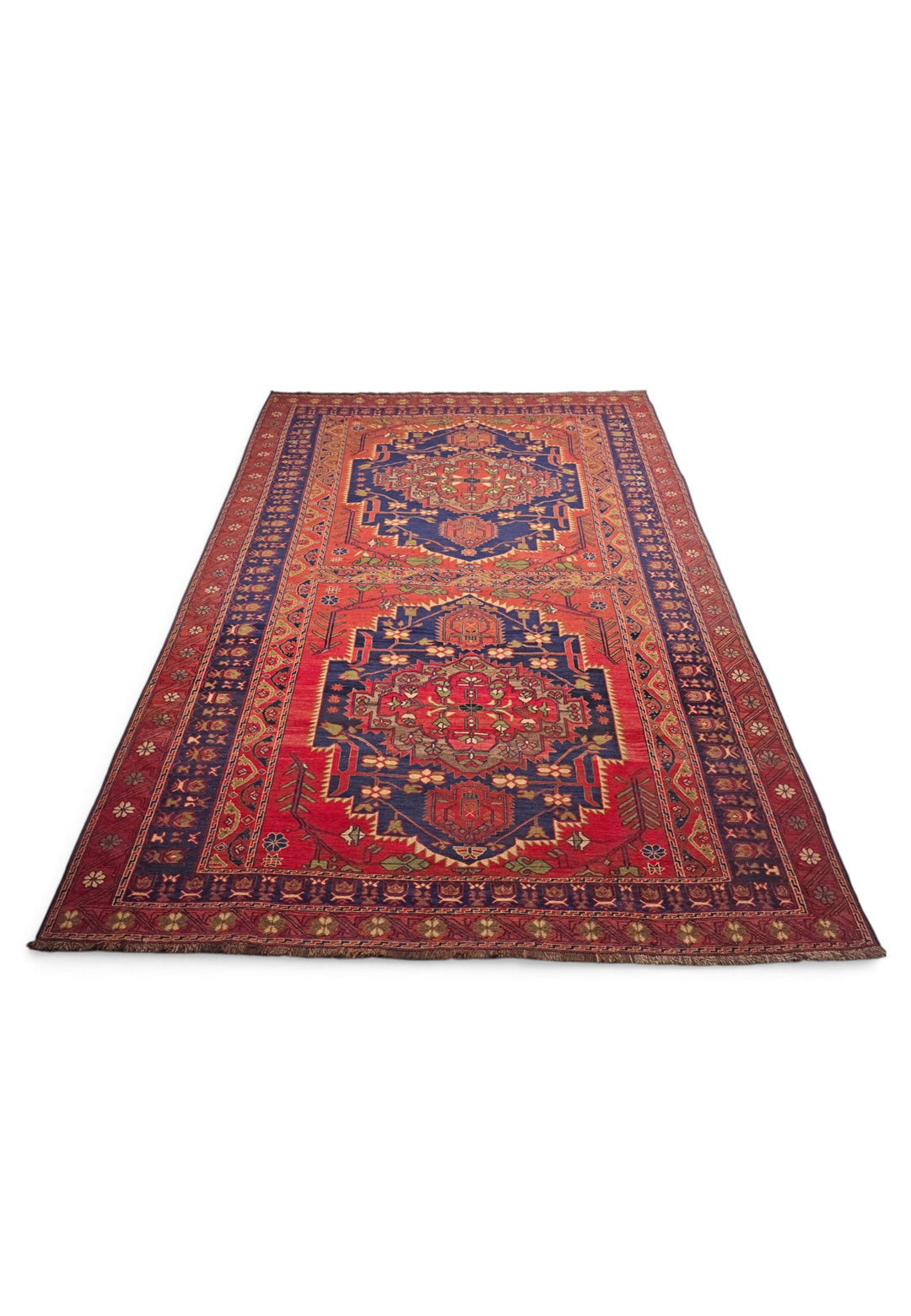 Red and Navy Twin Medallion Kilim, Hand-Woven Wool