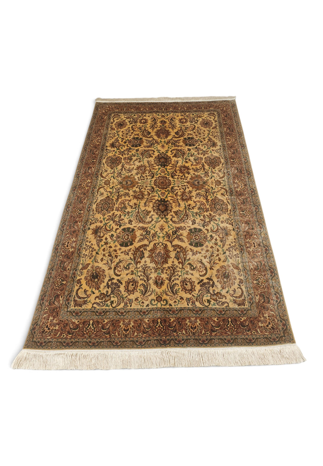 Gold and Brown Afshan All-Over Floral, Hand-Knotted Silk Rug