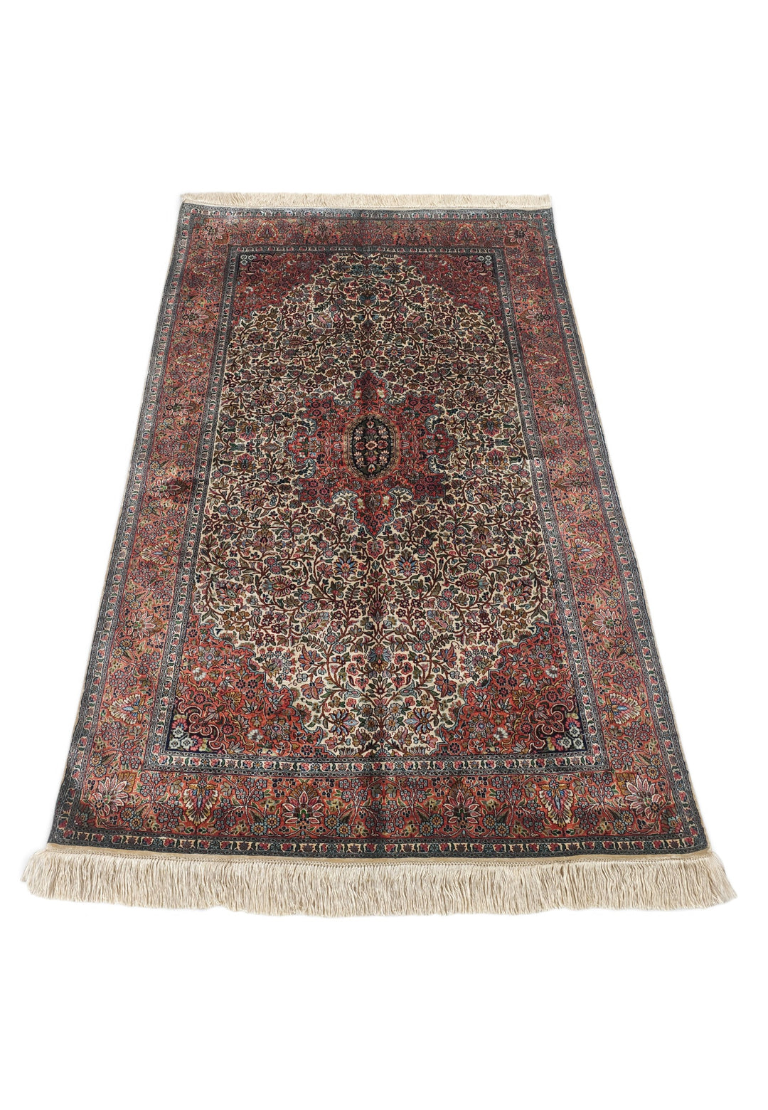 Cream and Rust Lobed Medallion, Hand-Knotted Silk Rug