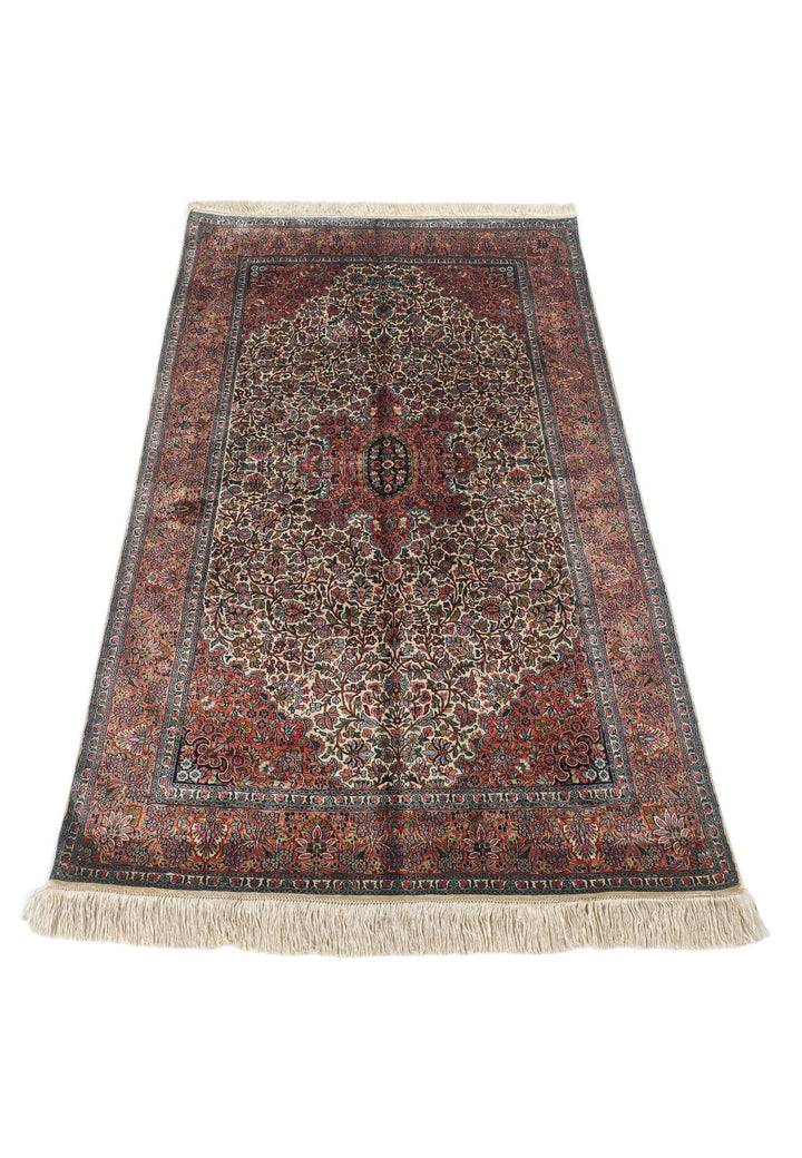 Cream and Rust Lobed Medallion, Hand-Knotted Silk Rug