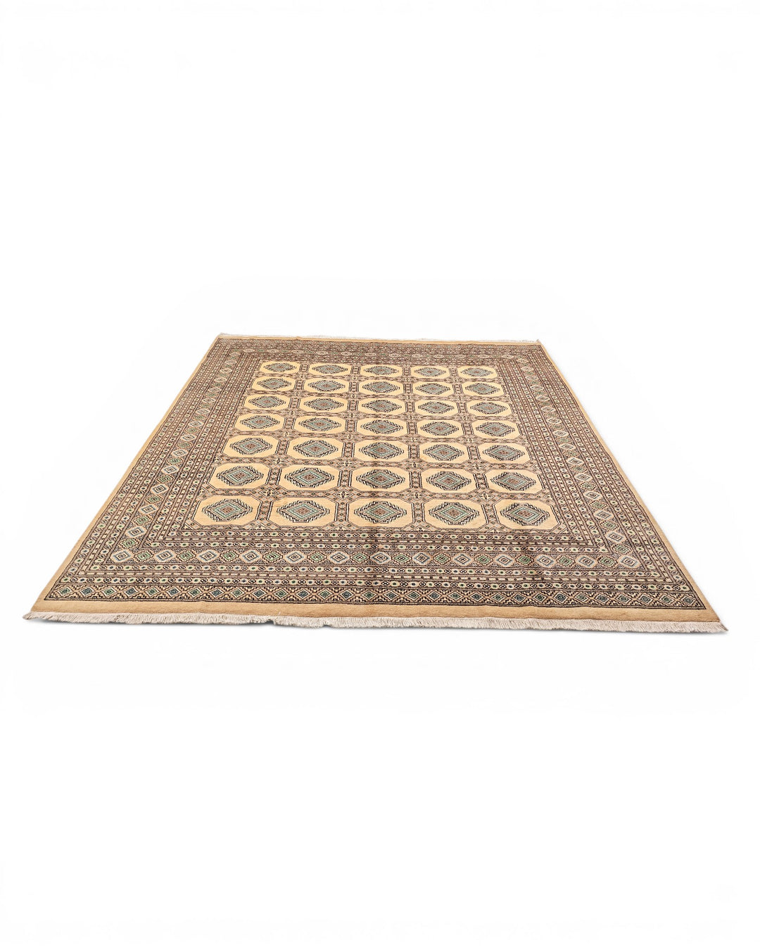 Camel Turkmen Gül Bokhara Square Rug, Hand-Knotted Pakistani Wool