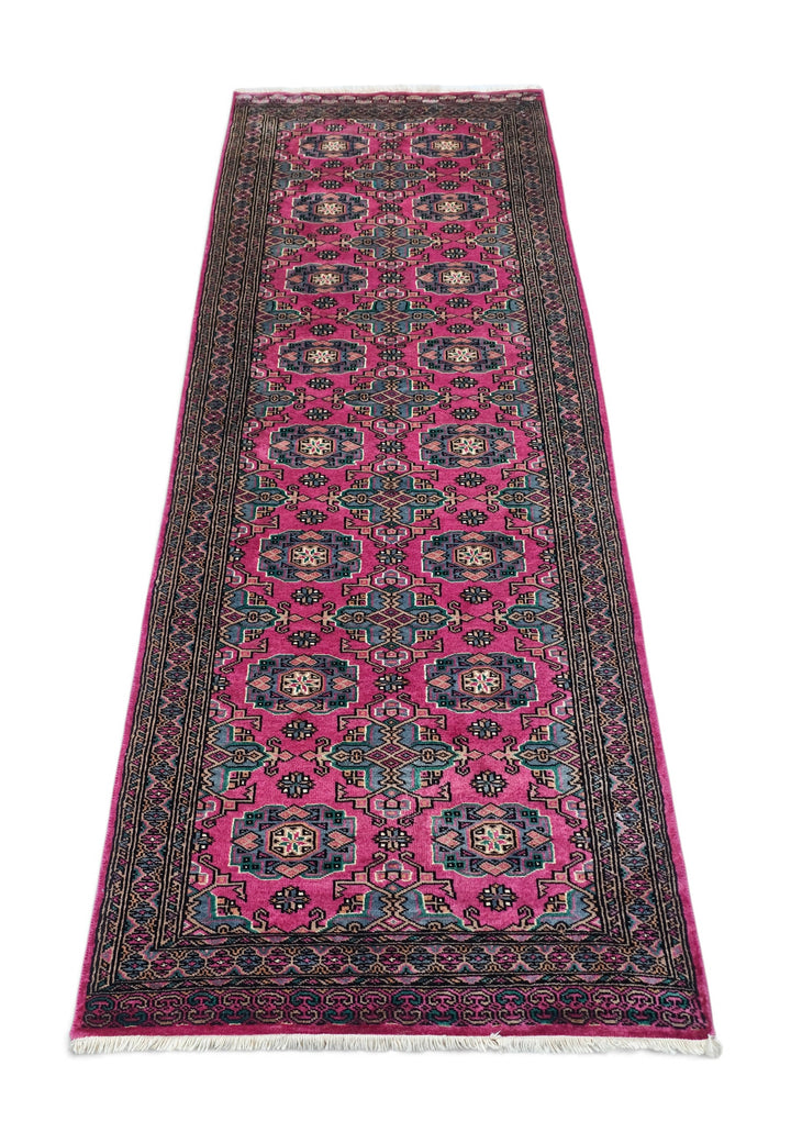 Magenta and Teal Jaldar Rosette Gül, Hand-Knotted Wool and Silk Rug