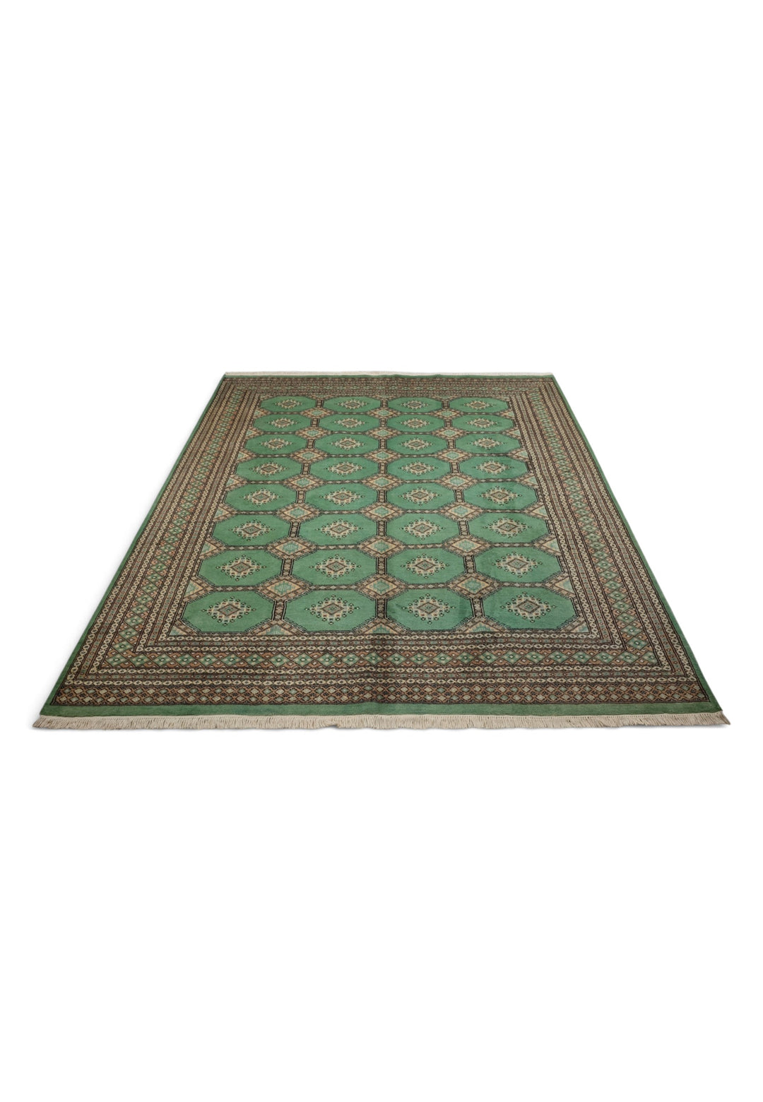 Jade Green and Cream Compartment Bokhara, Hand-Knotted Wool and Silk Rug