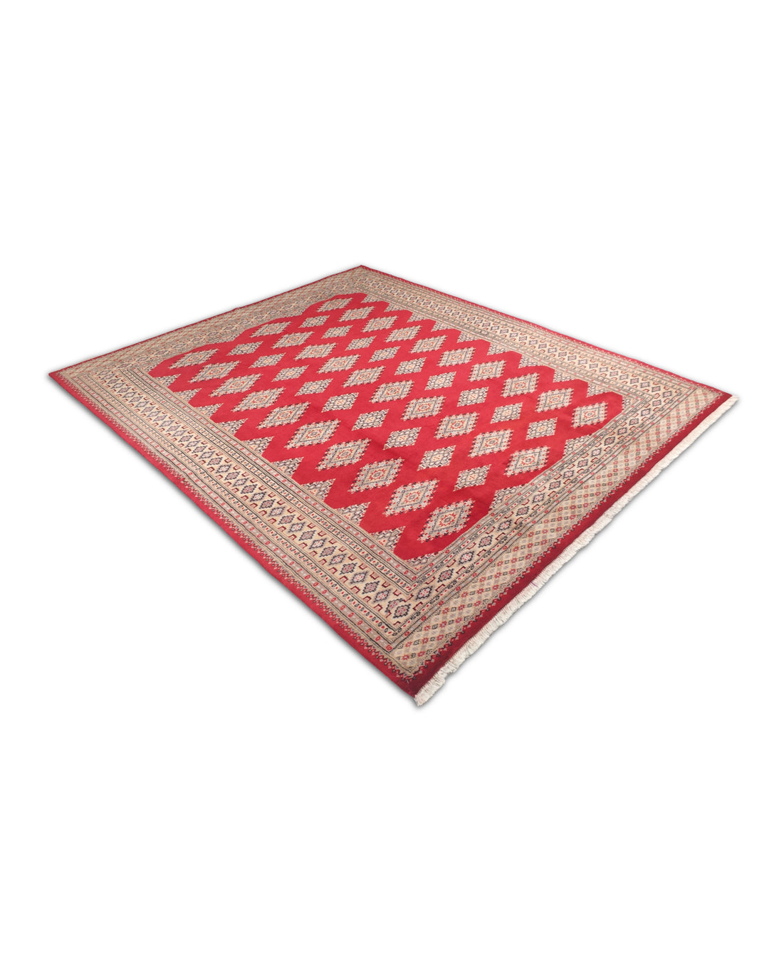 Crimson and Camel Jaldar Diamond Gül, Hand-Knotted Wool and Silk Rug