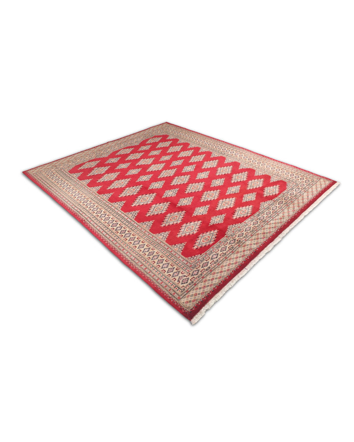 Crimson and Camel Jaldar Diamond Gül, Hand-Knotted Wool and Silk Rug