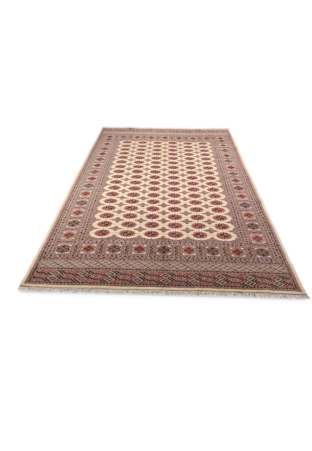 Ivory and Rust Turkmen Gül Bokhara, Hand-Knotted Wool Rug
