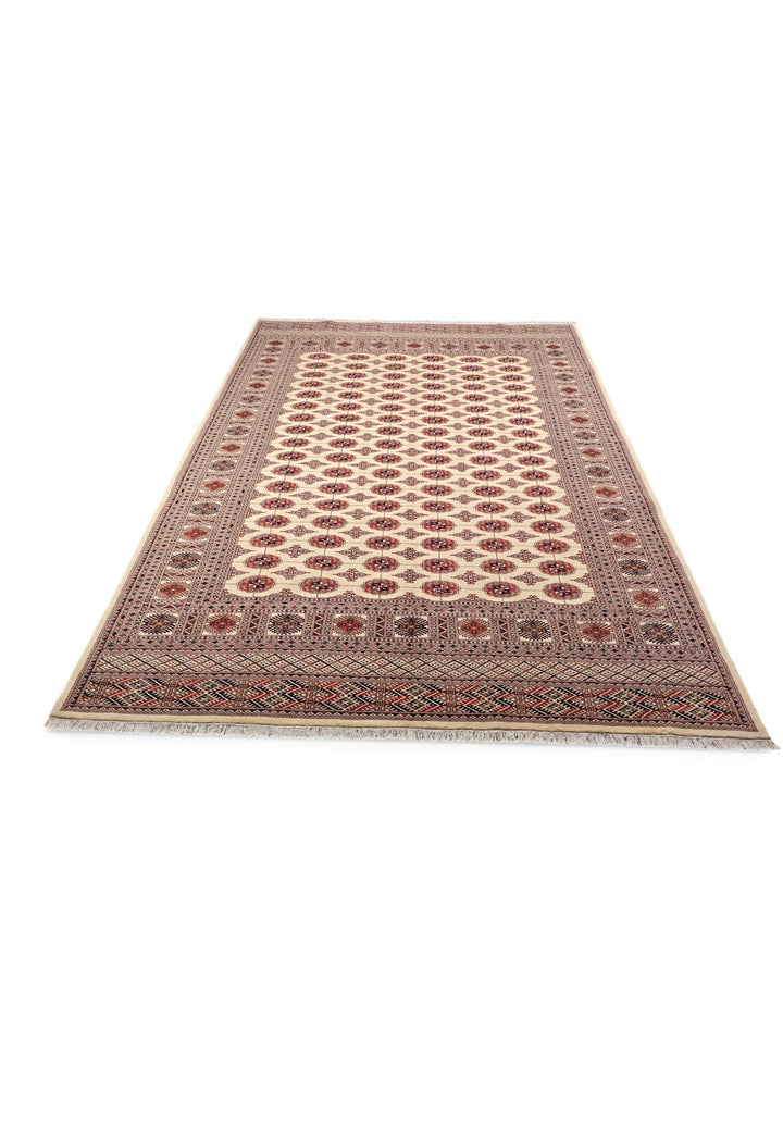 Ivory and Rust Turkmen Gül Bokhara, Hand-Knotted Wool Rug