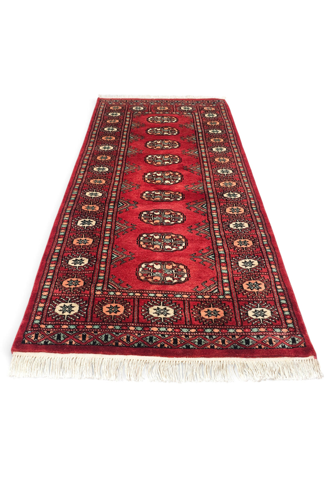 Ruby Red and Peach Turkmen Gül Bokhara, Hand-Knotted Wool Rug