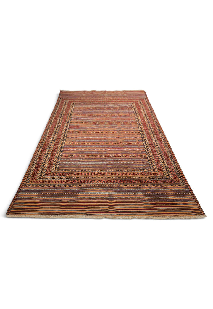 Terracotta and Apricot Banded Kilim, Hand-Woven Wool