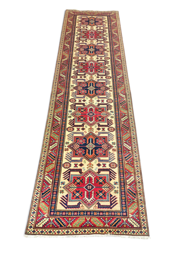 Ivory and Red Hooked Star Medallion Rug, Hand-Knotted Sherwan