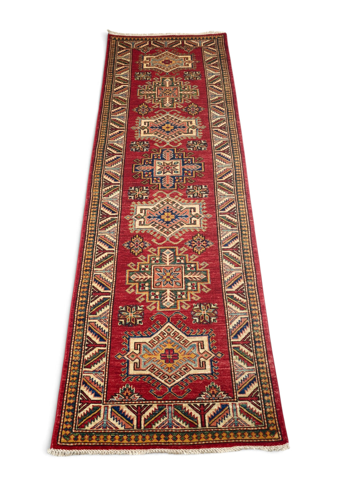 Deep Red and Cream Stepped Medallion Kazak, Hand-Knotted Wool Rug