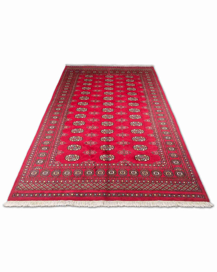 Crimson and Cream Turkmen Gül Bokhara, Hand-Knotted Wool Rug