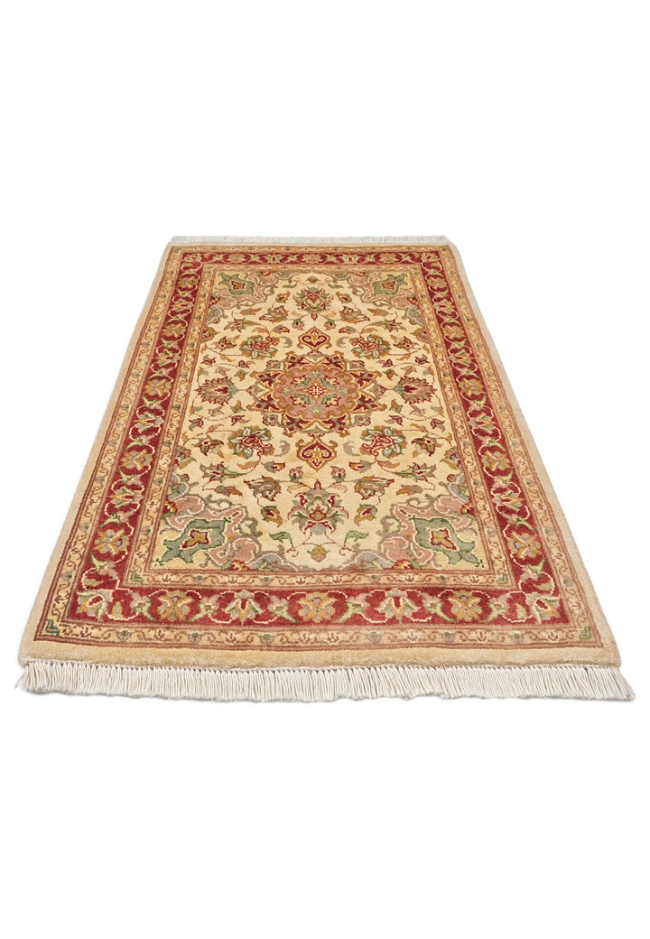 Cream and Brick Red Medallion Tabriz, Hand-Knotted Wool and Silk Rug