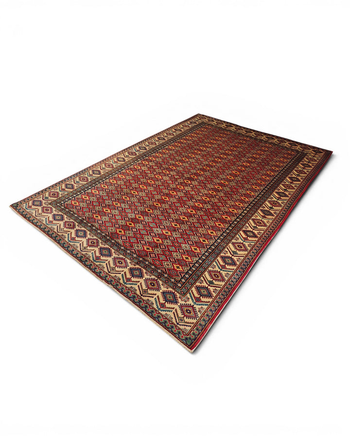 Red All-Over Diamond Lattice Rug, Hand-Knotted Afghani Sherwan