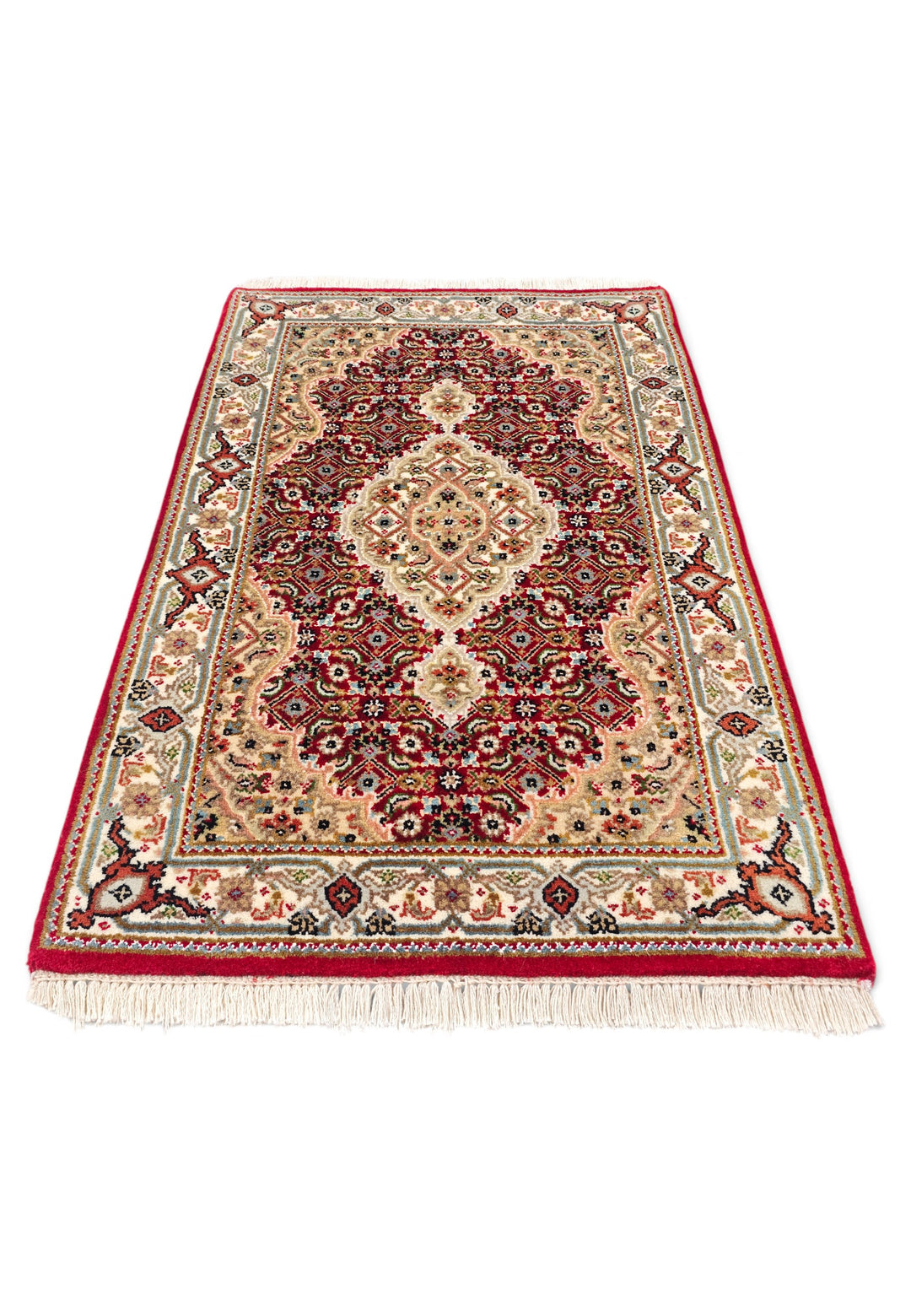 Brick Red and Sandstone Mahi Medallion Tabriz, Hand-Knotted Wool Rug