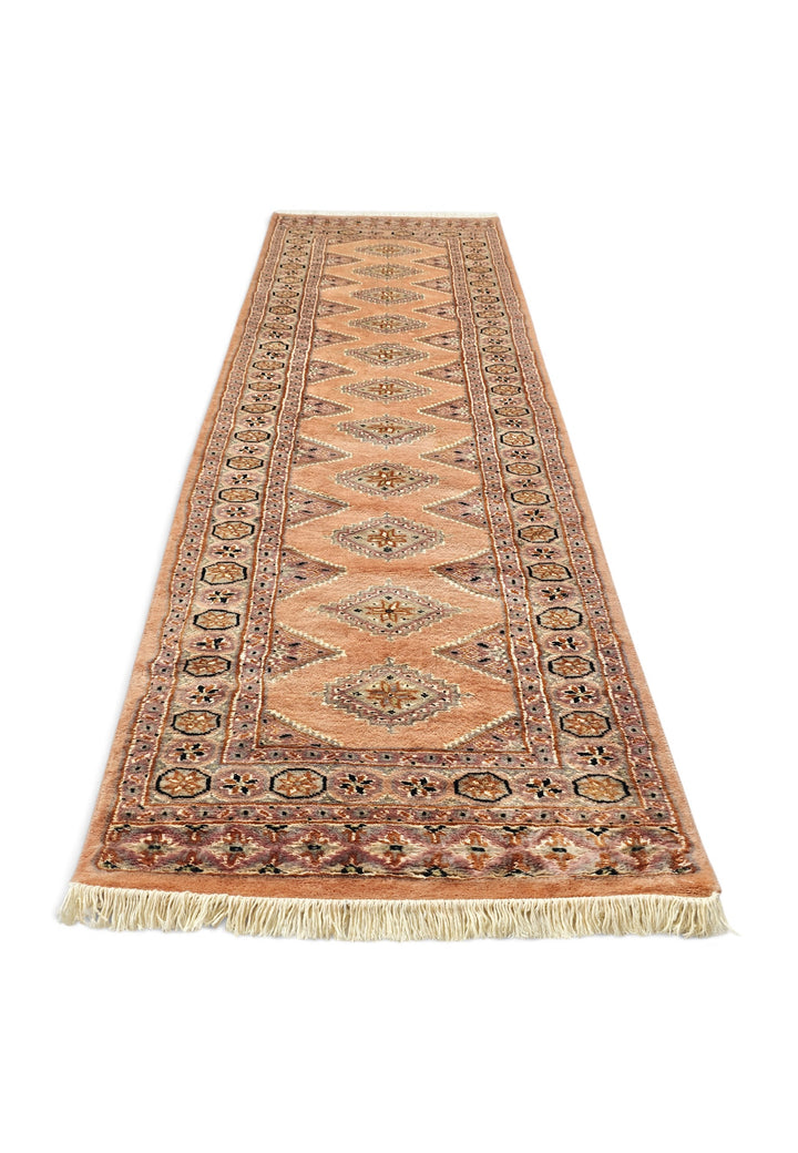 Salmon and Mauve Jaldar Diamond Gül, Hand-Knotted Wool and Silk Rug