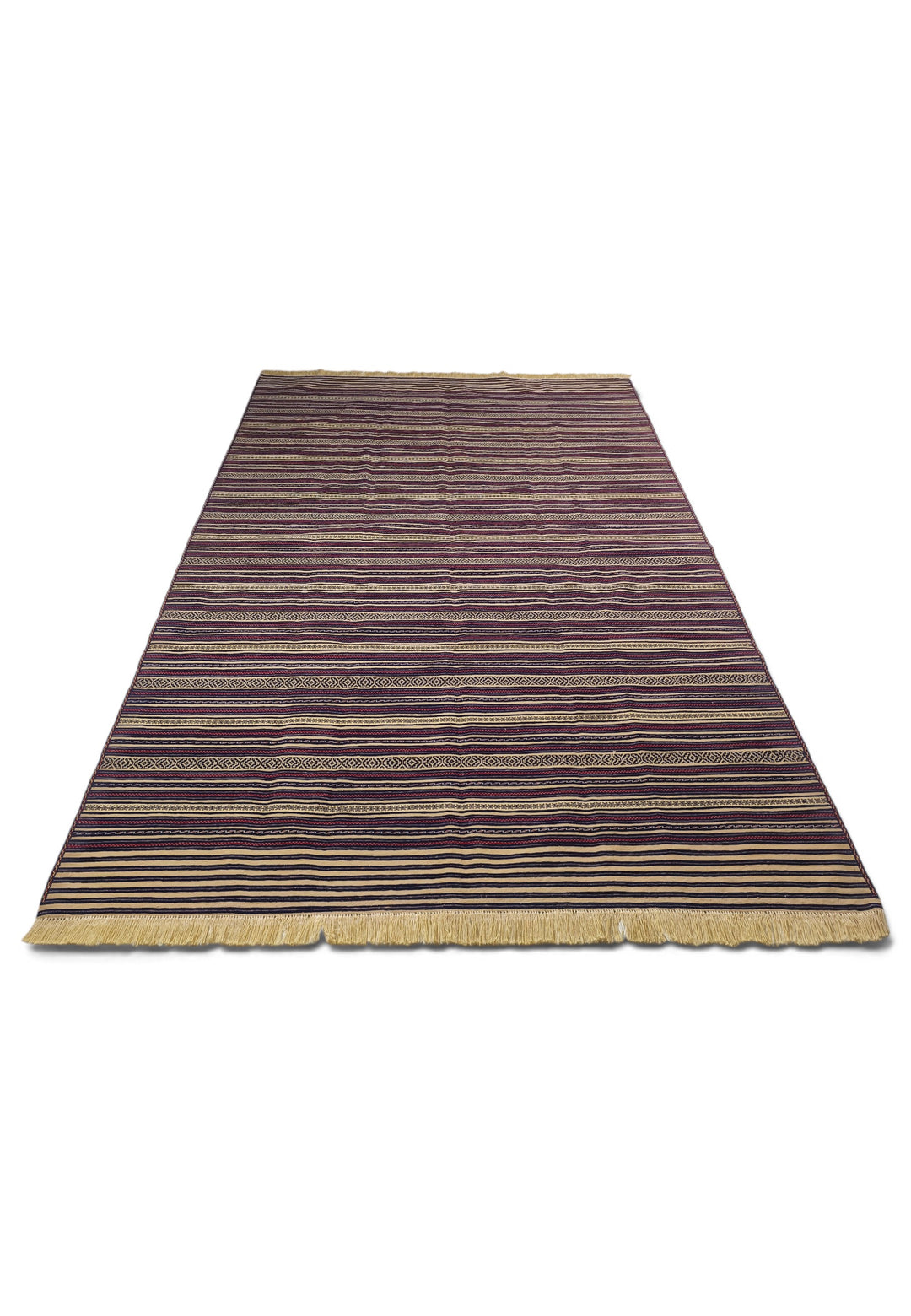 Aubergine and Wheat Striped Kilim, Hand-Woven Wool
