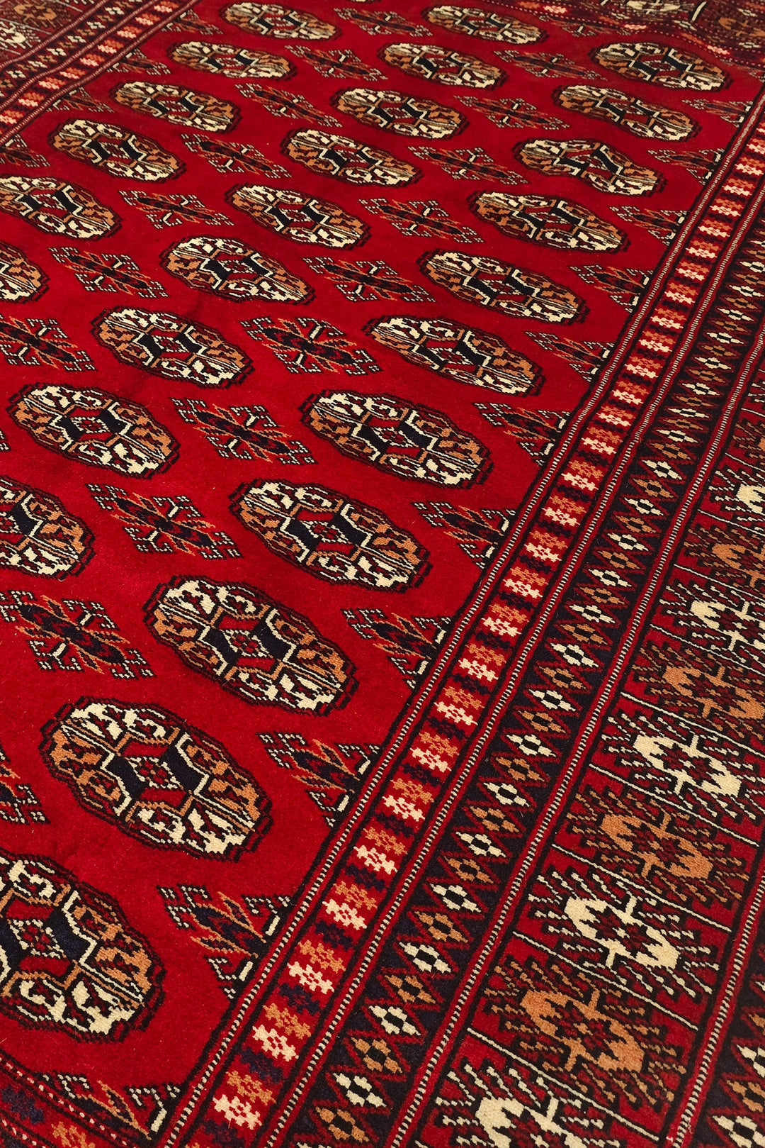 Bright Red Turkmen Gül Bokhara Rug, Hand-Knotted Pakistani Wool