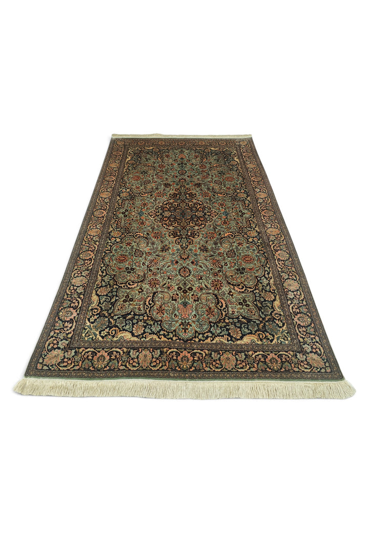Sage Green and Black Arabesque Medallion, Hand-Knotted Silk Rug