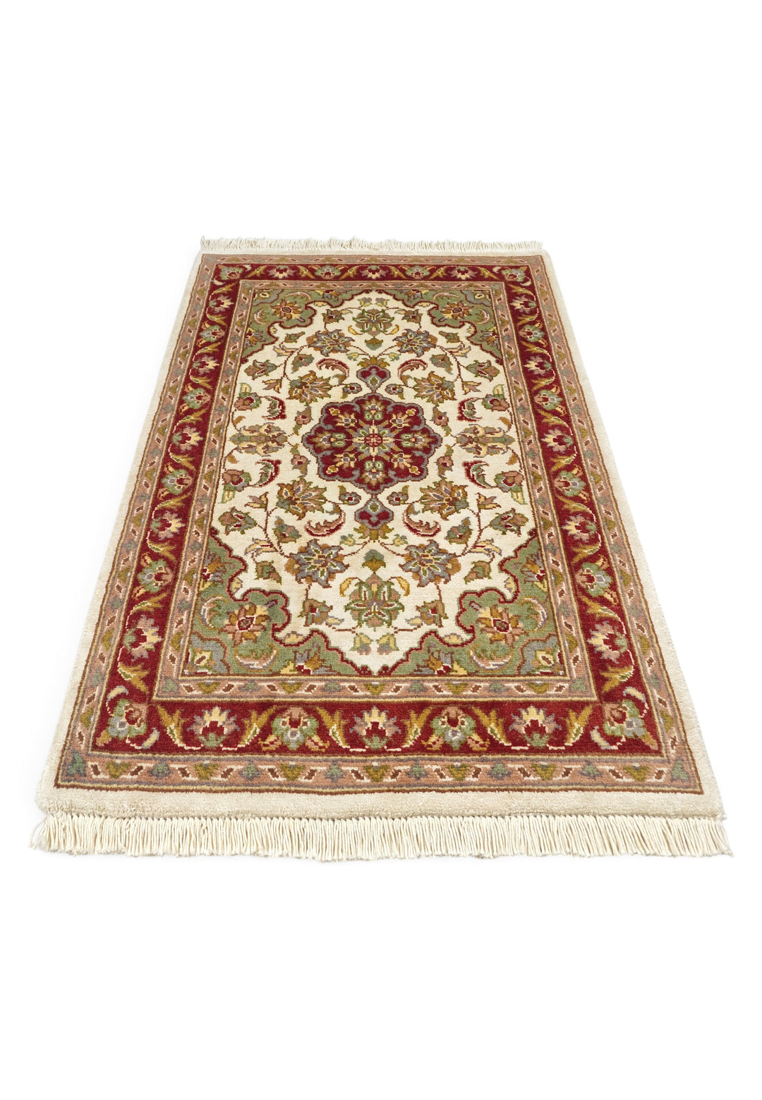 Ivory and Deep Red Medallion Tabriz, Hand-Knotted Wool and Silk Rug
