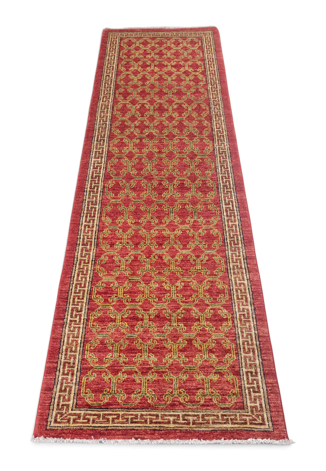 Brick Red and Camel Meander Lattice, Hand-Knotted Wool Rug