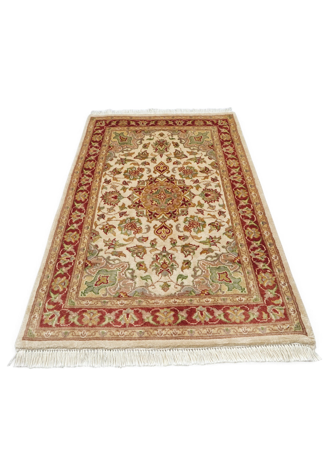 Ivory and Deep Red Tabriz Cloud Band Medallion, Hand-Knotted Wool and Silk Rug
