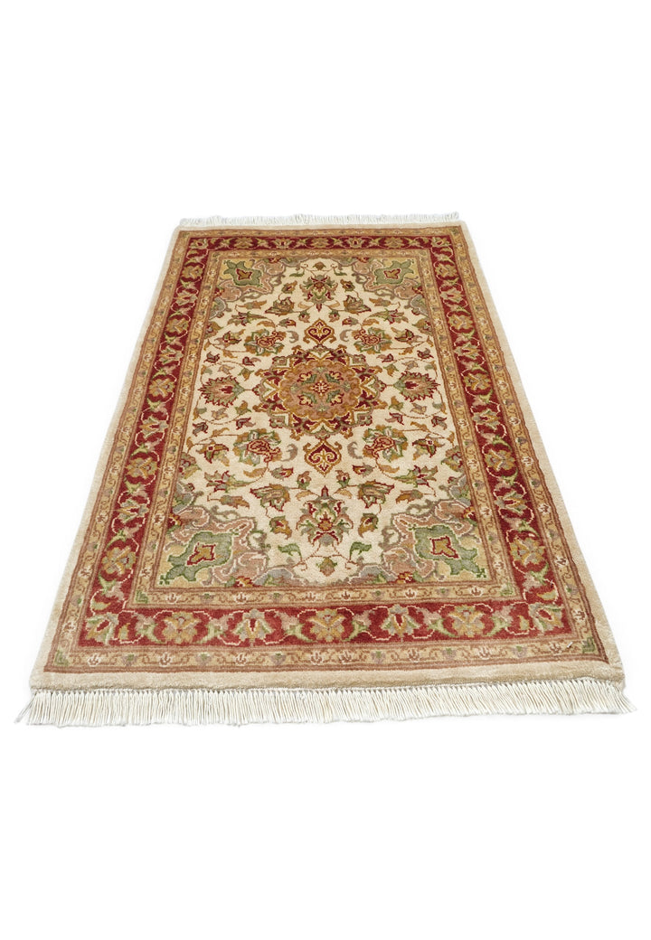 Ivory and Deep Red Tabriz Cloud Band Medallion, Hand-Knotted Wool and Silk Rug