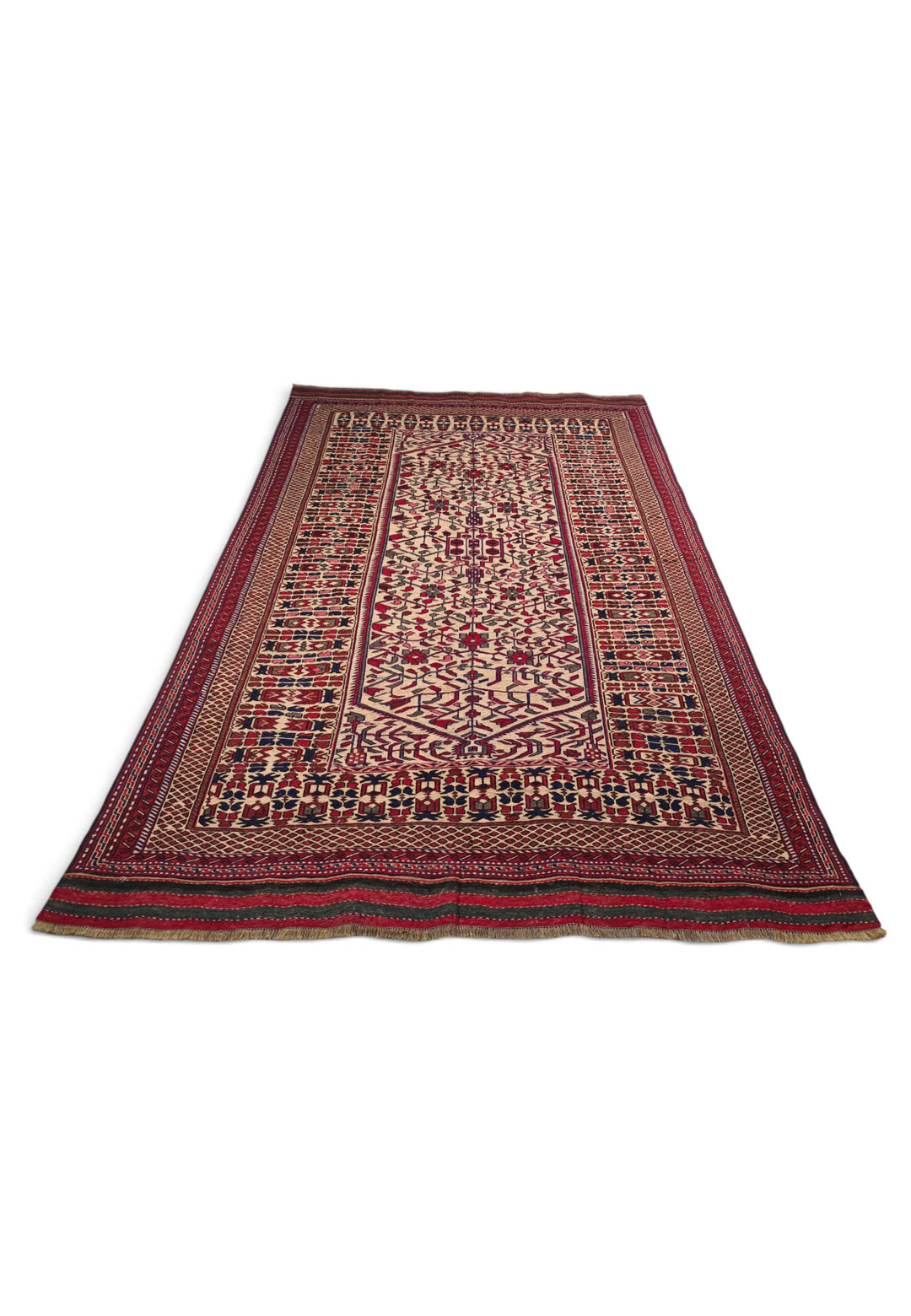 Cream and Red Hooked Medallion Kilim, Hand-Woven Wool