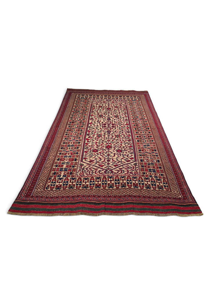 Cream and Red Hooked Medallion Kilim, Hand-Woven Wool