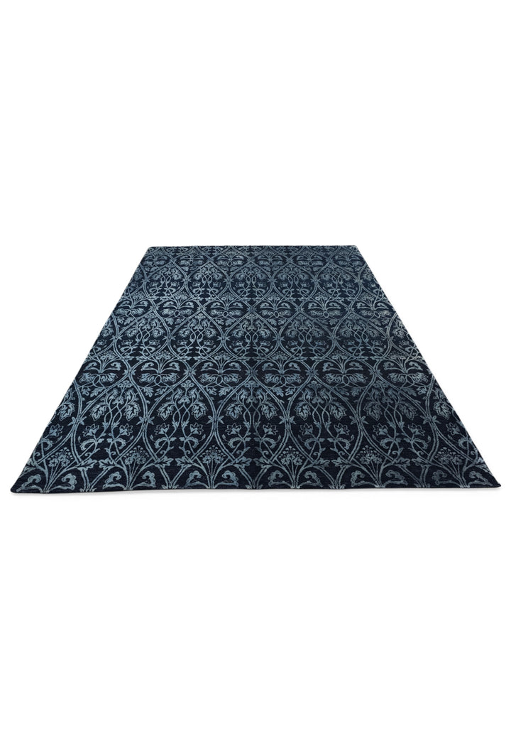 Indigo Trellis Ghazni, Hand-Knotted Wool and Silk Rug