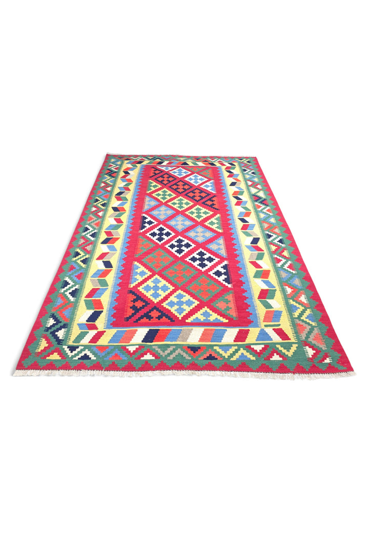 Cerise and Green Qashqai Medallion Kilim, Hand-Woven Wool