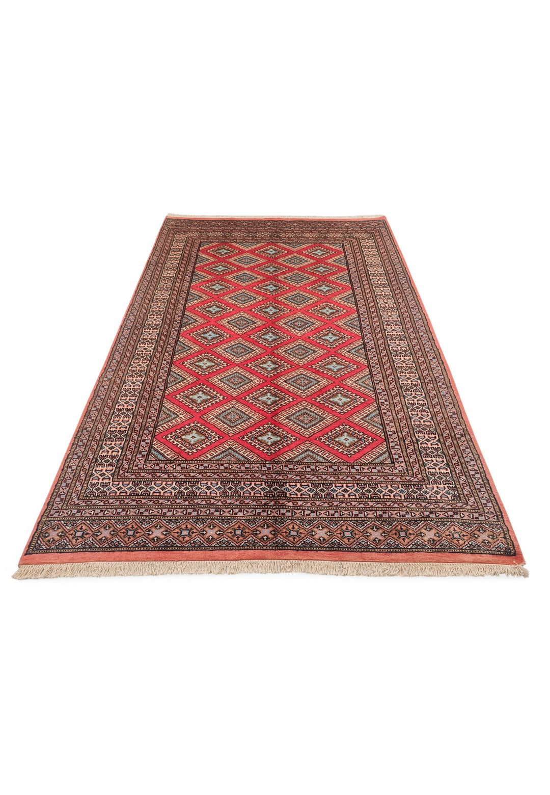 Crimson and Salmon Diamond Lattice, Hand-Knotted Wool Rug