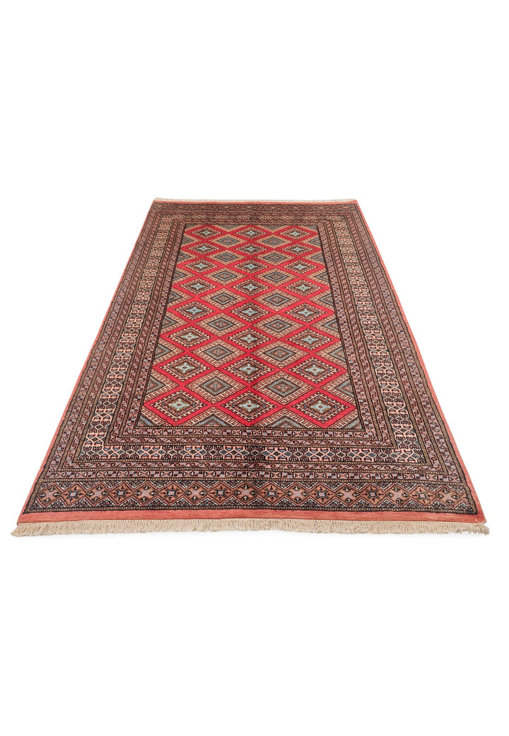 Crimson and Salmon Diamond Lattice, Hand-Knotted Wool Rug