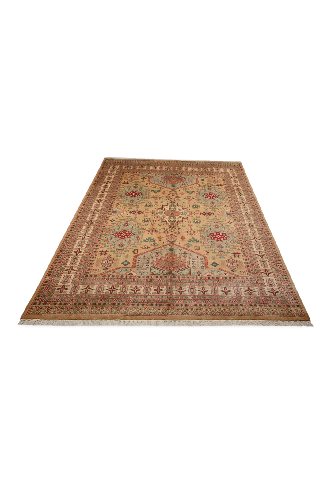 Camel and Coral Caucasian Medallion, Hand-Knotted Wool Rug