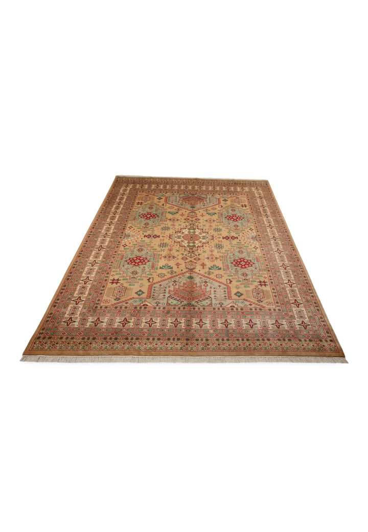 Camel and Coral Caucasian Medallion, Hand-Knotted Wool Rug