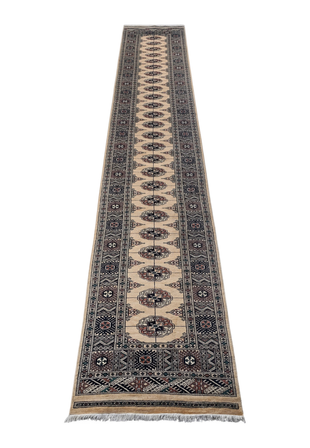 Camel and Navy Turkmen Gül Bokhara, Hand-Knotted Wool Rug