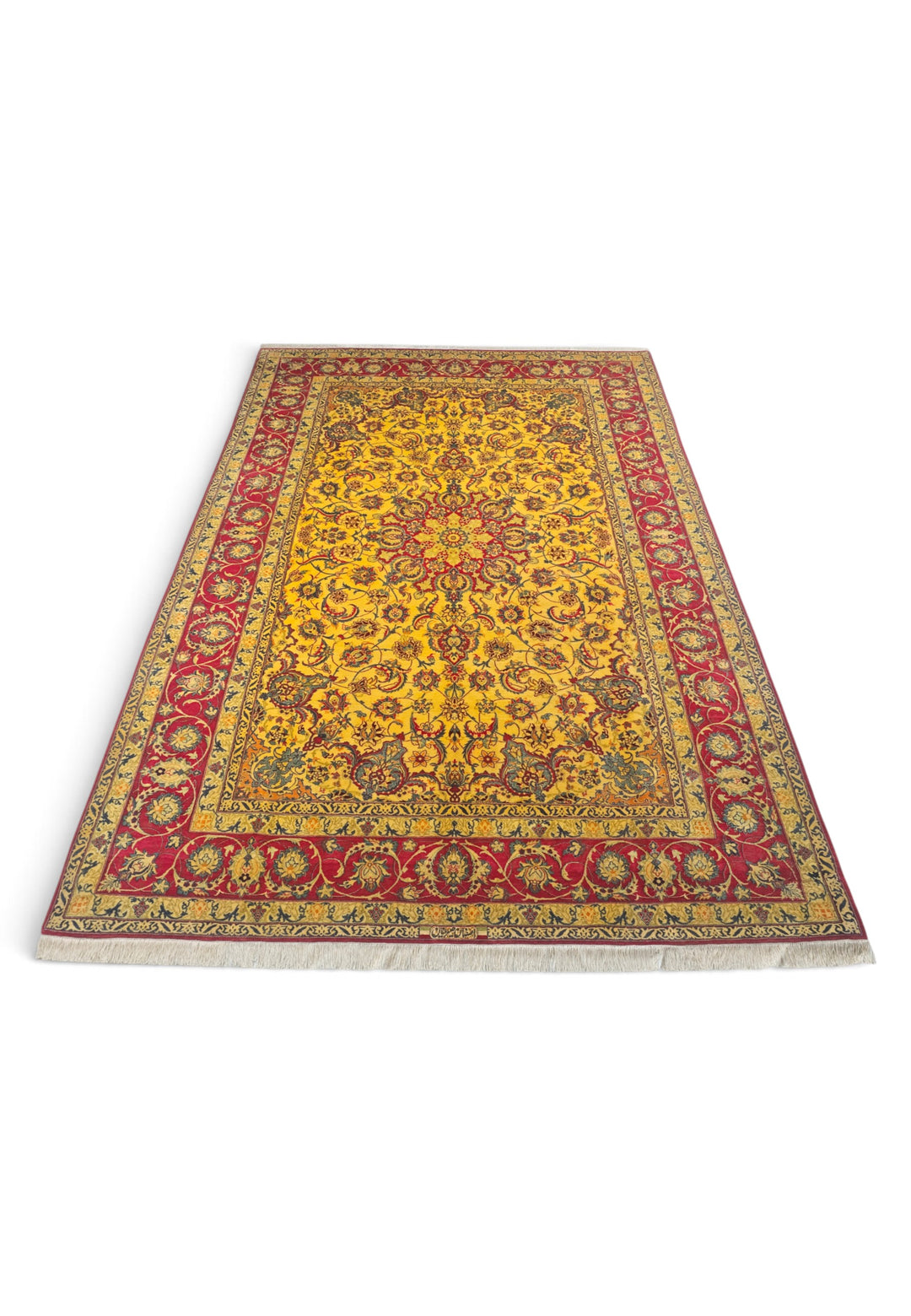 Gold and Crimson Star Medallion Isfahan, Hand-Knotted Wool Rug