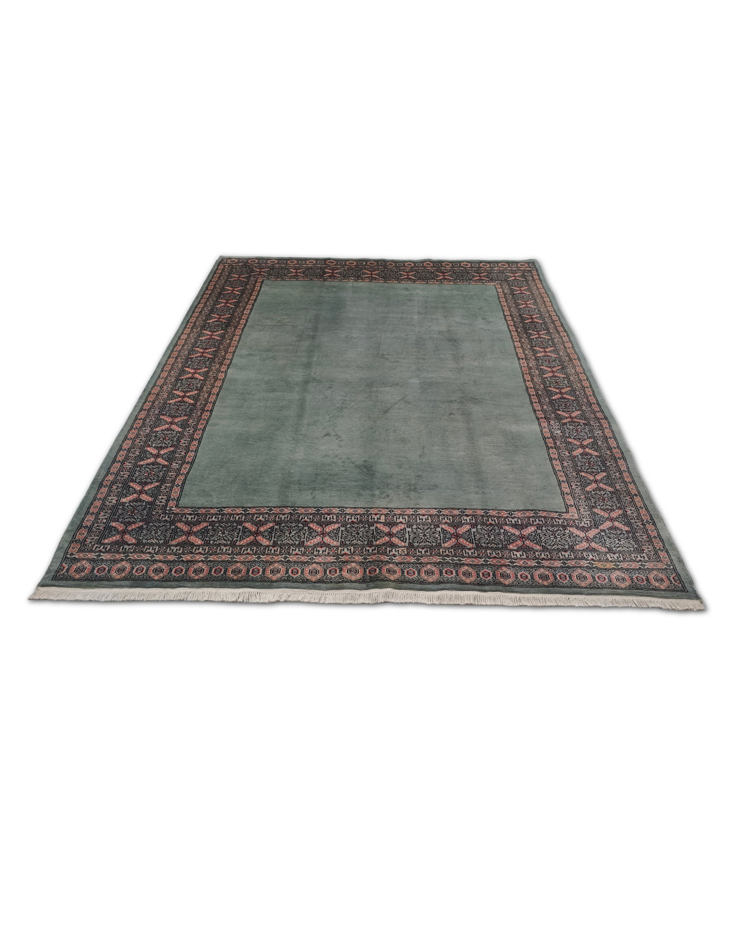 Sage Green and Rose Plain Field Bokhara, Hand-Knotted Wool Rug