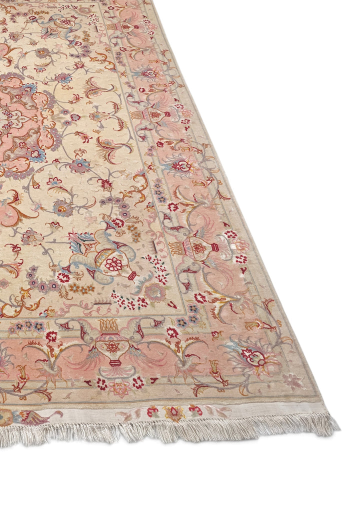 Cream and Rose Pink Vase Border Tabriz, Hand-Knotted Wool Rug