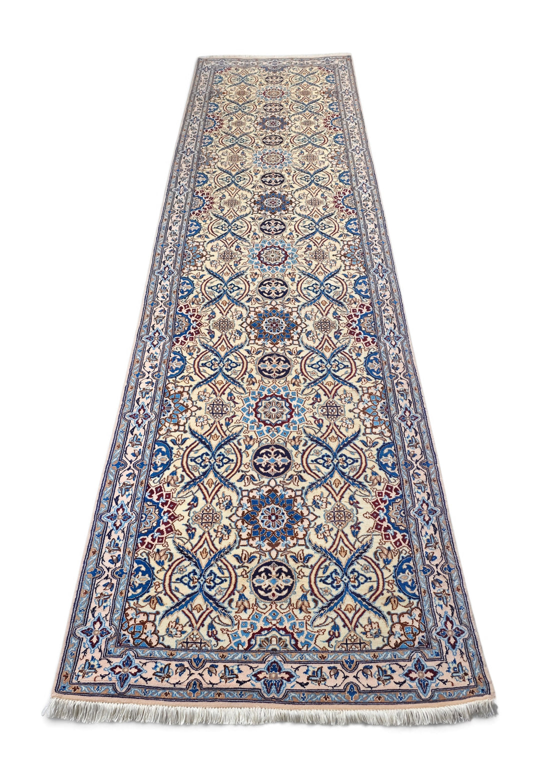 Ivory and Blue Lattice Medallion Nain, Hand-Knotted Wool Rug