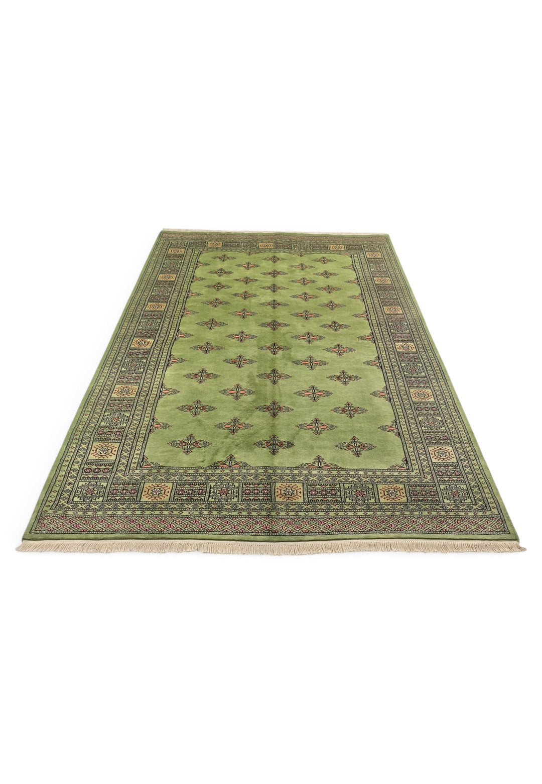 Olive Green Open Field Bokhara, Hand-Knotted Wool Rug