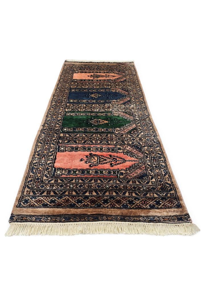 Camel and Salmon Saf Prayer Design, Hand-Knotted Wool Rug