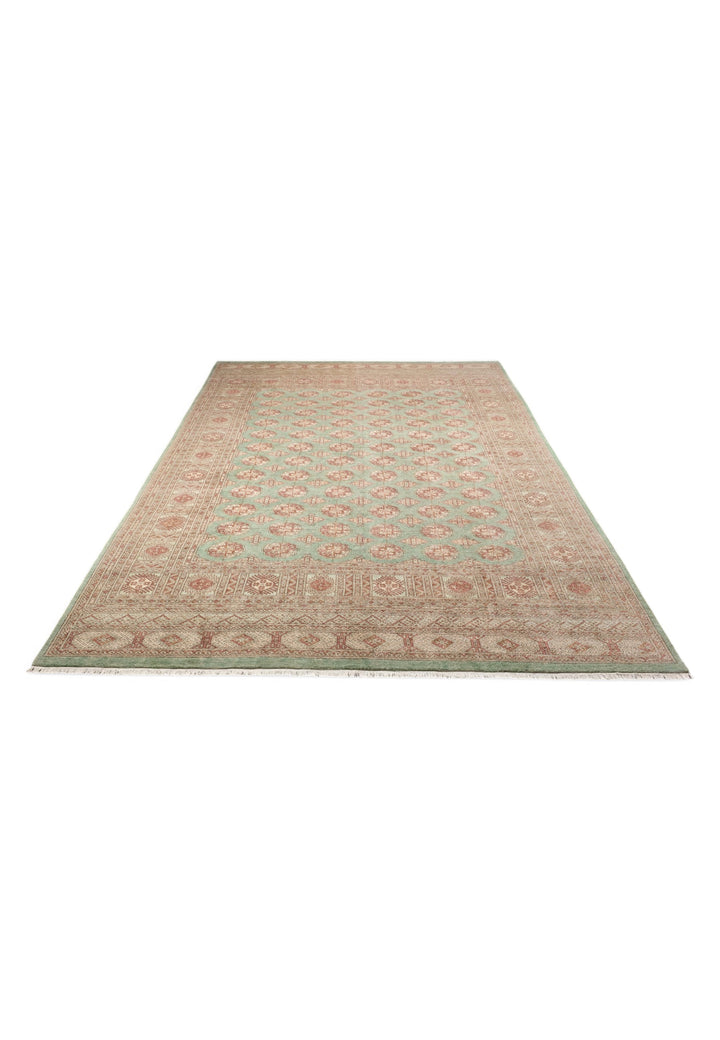 Sage and Rose Turkmen Gül Bokhara, Hand-Knotted Wool Rug