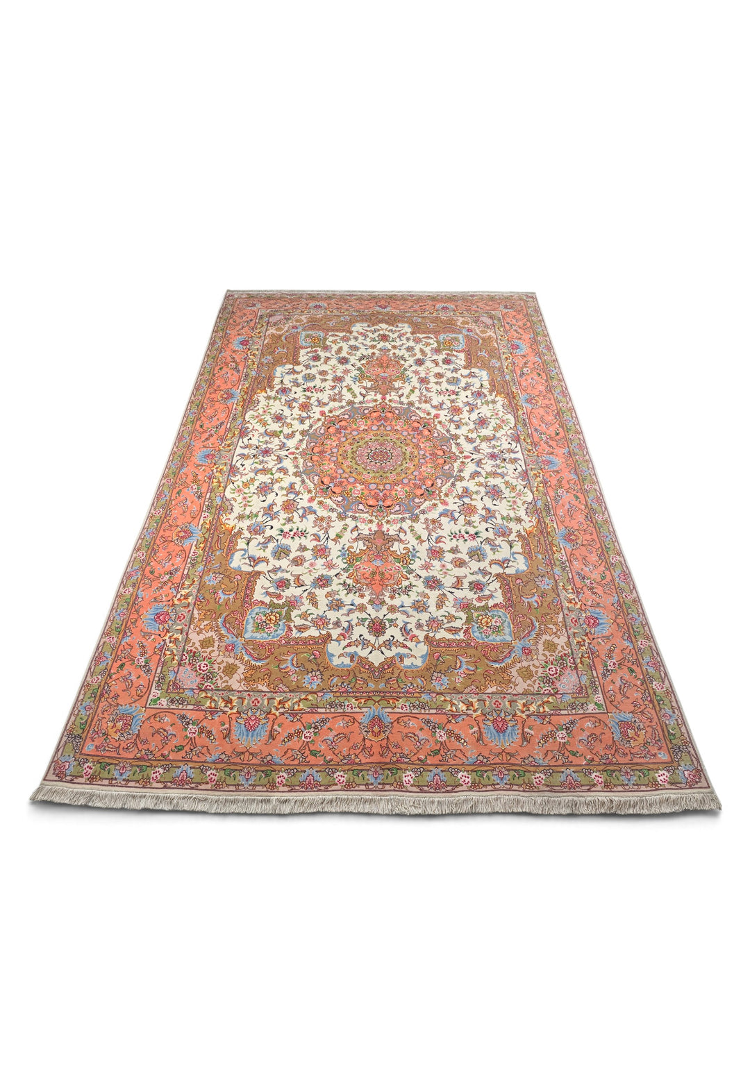 Ivory and Coral Radiating Medallion Tabriz, Hand-Knotted Wool Rug