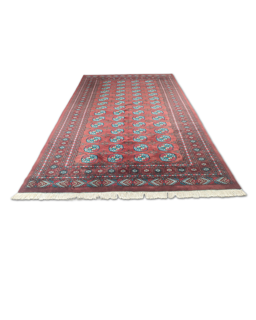 Oxblood and Blue Turkmen Gül Bokhara, Hand-Knotted Wool Rug